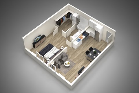 Floor plan for 1 bed, 1 bath, 685 sqft